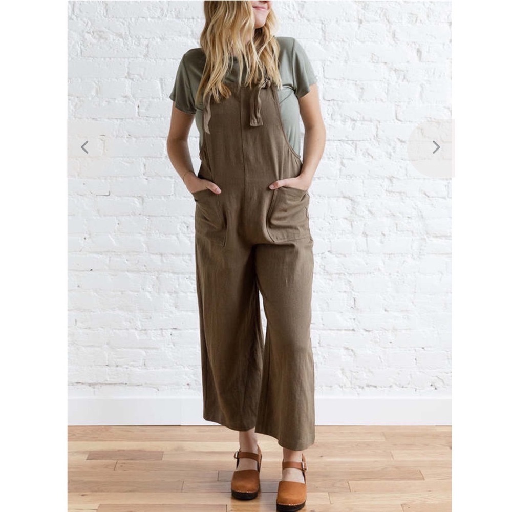 Miou Muse Brown Wide Leg Overalls Tie Shoulder Boho Relaxed Fit Linen Blend Sz S